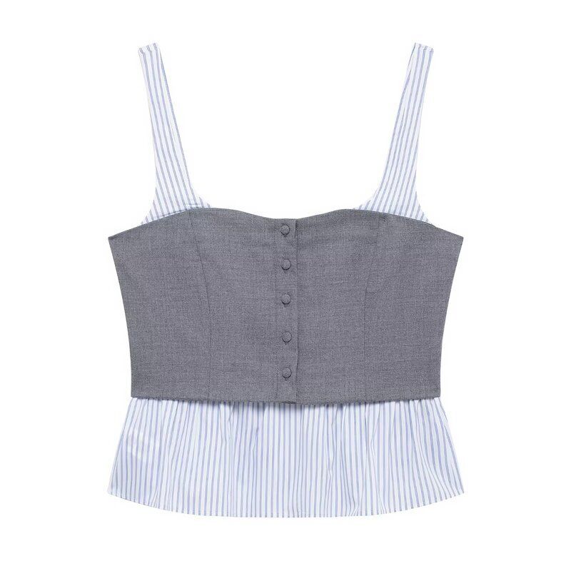 Fashion Wind 2025 Spring New Women's Poplin Stripes Patchwork Easy Matching Shoulder Strap Top and Skirt 2180437