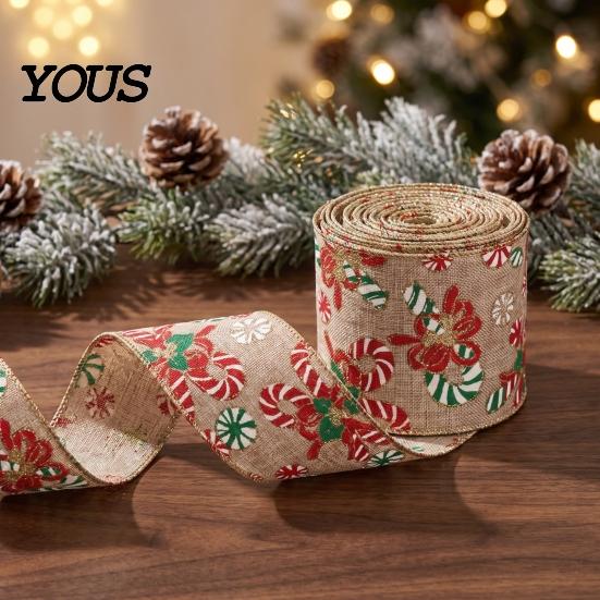 Snowman Pattern Fabric Ribbon 1 Roll Christmas Burlap Ribbon, Faux Linen Wired with Rustic Plaid Truck Floral Print, Gift Wrapping Craft