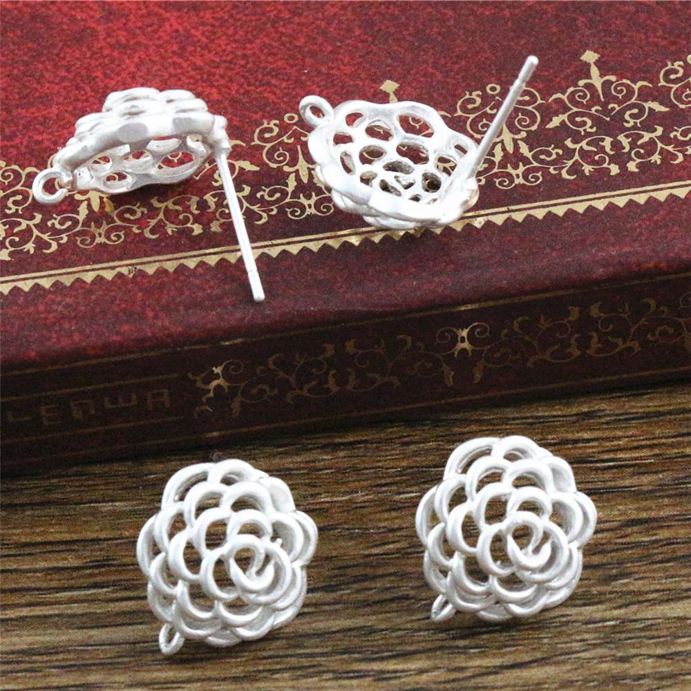 6pcs Flower Stud Earring Pins Hooks 12x11mm Brass Matte Silver Plated DIY Earrings Jewelry Making Accessories Findings