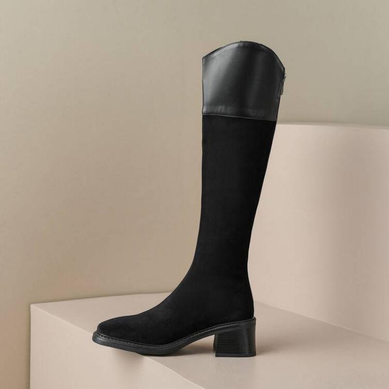 Korean Version of the New Medium-heeled High Boots, Comfortable Square-heeled Thick-soled Non-slip Leather Boots, Zipper Solid-color Martin Boots Aft