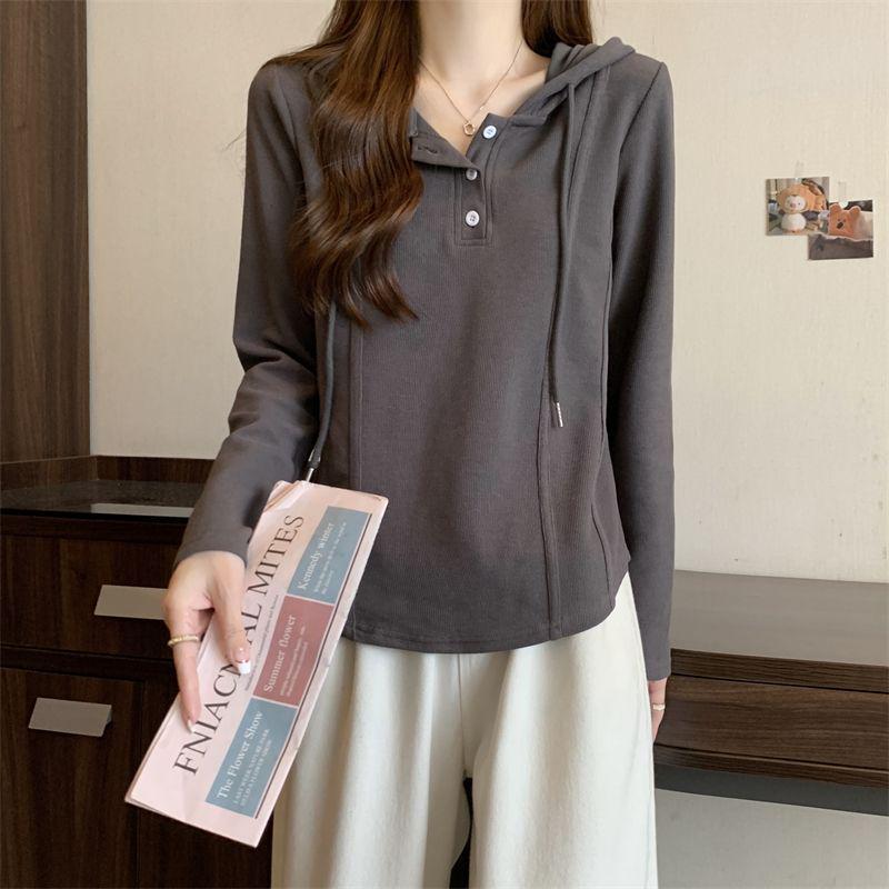 Korean Style Plus Size Hooded Cotton Long-Sleeve T-Shirt for Autumn/Winter - Fashionable Loose Fit Base Layer for Chubby Women