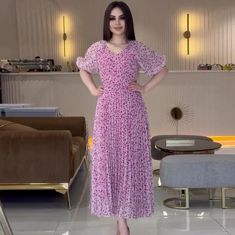 2024 Summer European and American Women's V-neck Slim Fit Pastoral Floral Dress