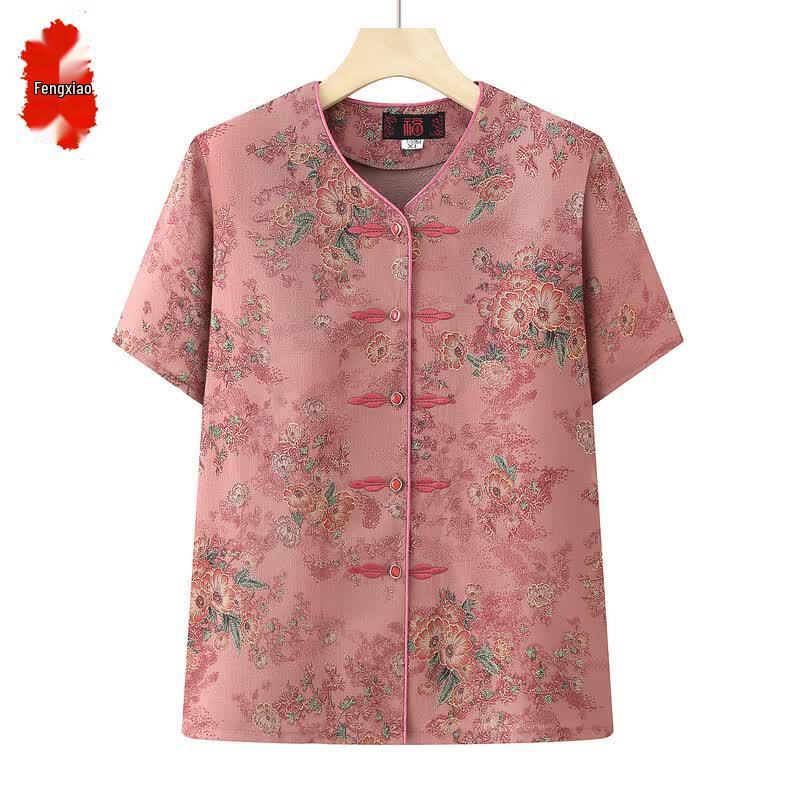 Women s Floral V-Neck Short Sleeve Blouse 2XL красный