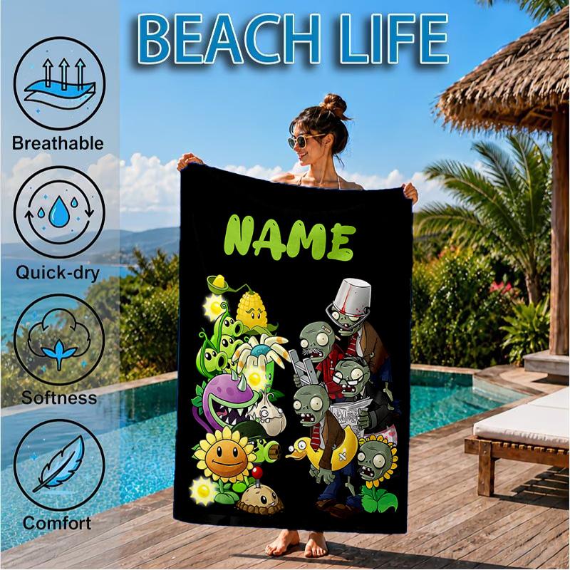 Custom Name Beach Towel Zombies Battle Microfiber Beach Towel, Lightweight for Summer Travel, Swimming Pool Fan Birthday Gift