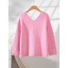 Autumn and Winter Solid Color V-neck Pullover Sweater Casual Loose Long-sleeved Off-shoulder Pink Sweater