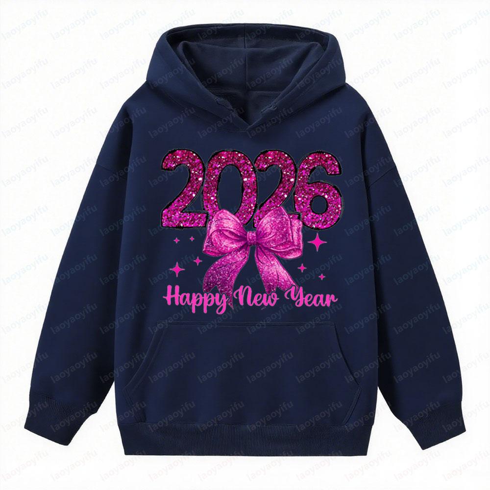 Happy New Year 2026 Clothing NYE Party Apparel Pink Glitter Girly New Year Hoodies Women Fashion Trend Holiday Sweatshirt