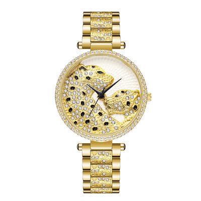 Módní a trendy dámské vodotěsné quartzové hodinky s leopardím potiskem a diamanty
