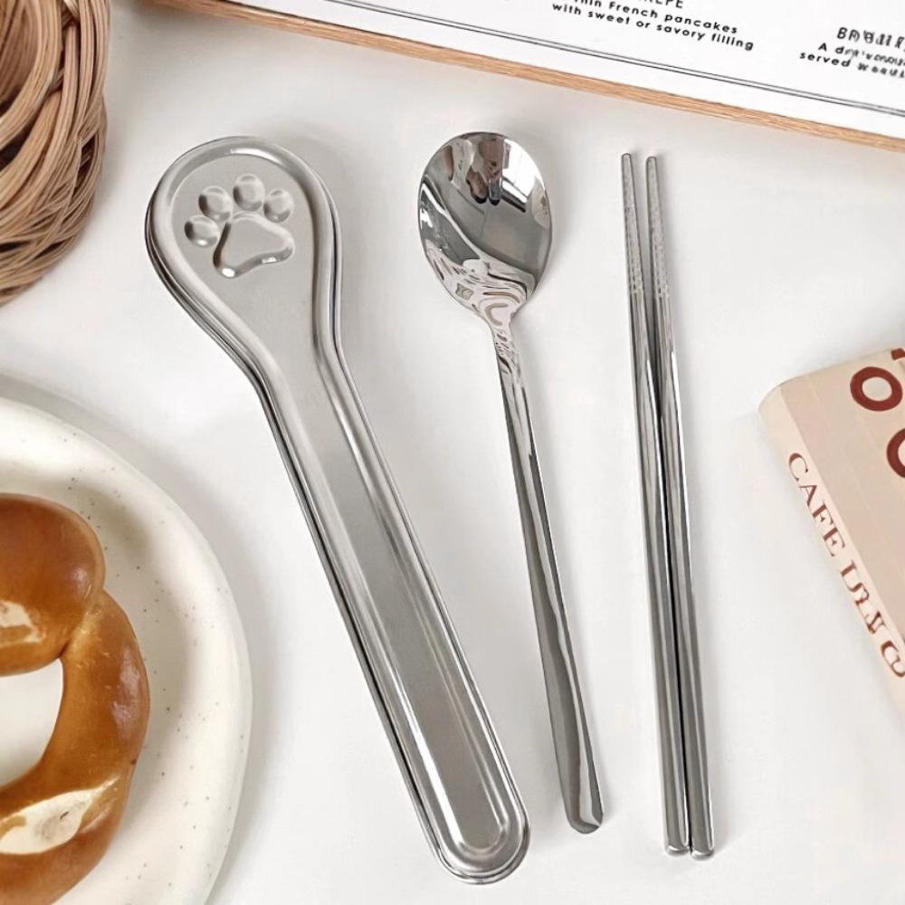 304 Stainless Steel Travel Tableware Set With Cat Paw Box Curlty Set Chopsticks Spoon Set Student