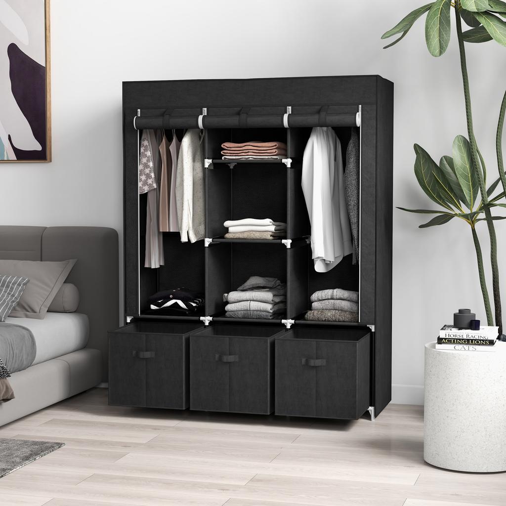 Foldable Fabric Wardrobe for Bedroom, Portable Wardrobe with 5 Shelves, 2 Hanging Rails and 3 Fabric Drawers, Black