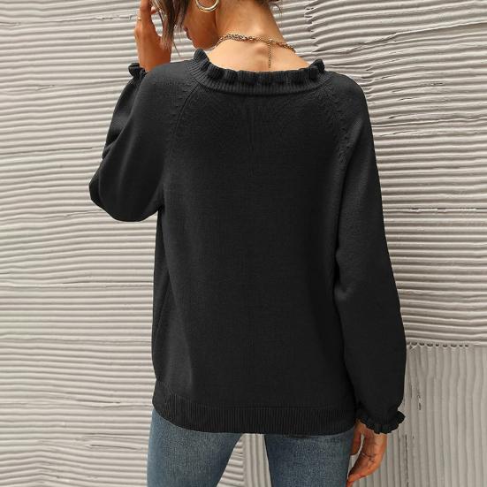 Podzim Zima Ženy Pletení Svetr Dlouhý rukáv Knoflík dolů Volán Trim Pletené topy Jednobarevné Neformální pleteniny