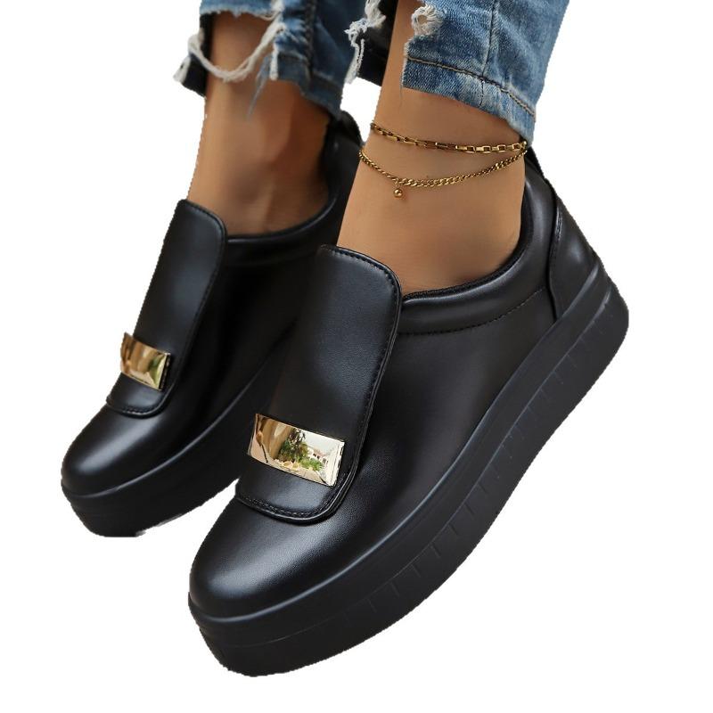 European‑American Women's Platform Shoes, Round‑Toe Solid‑Color Shallow‑Mouth With Metal Buckle
