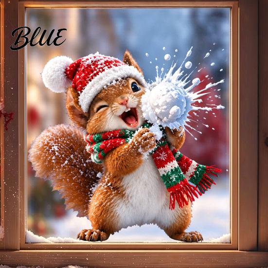Christmas Party Supplies Squirrel Window Cling with Santa Hat and Scarf Design Cute Snowball Static Winter Wonderland Decor Glass Sticker Removable
