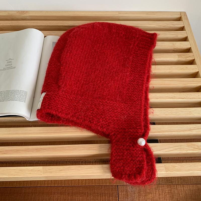 New Year's Red Hat Scarf One Piece Women's Winter Korean Style Warm Knitted Woolen Hat Ear Protecting Balacrafa