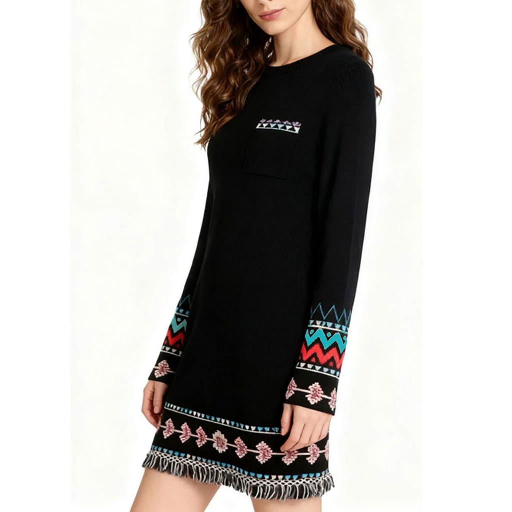 Damen Schwarzes Strickkleid Lässiges Kleid im Vintage-Stil Pullover Herbstmode Warme Kleidung