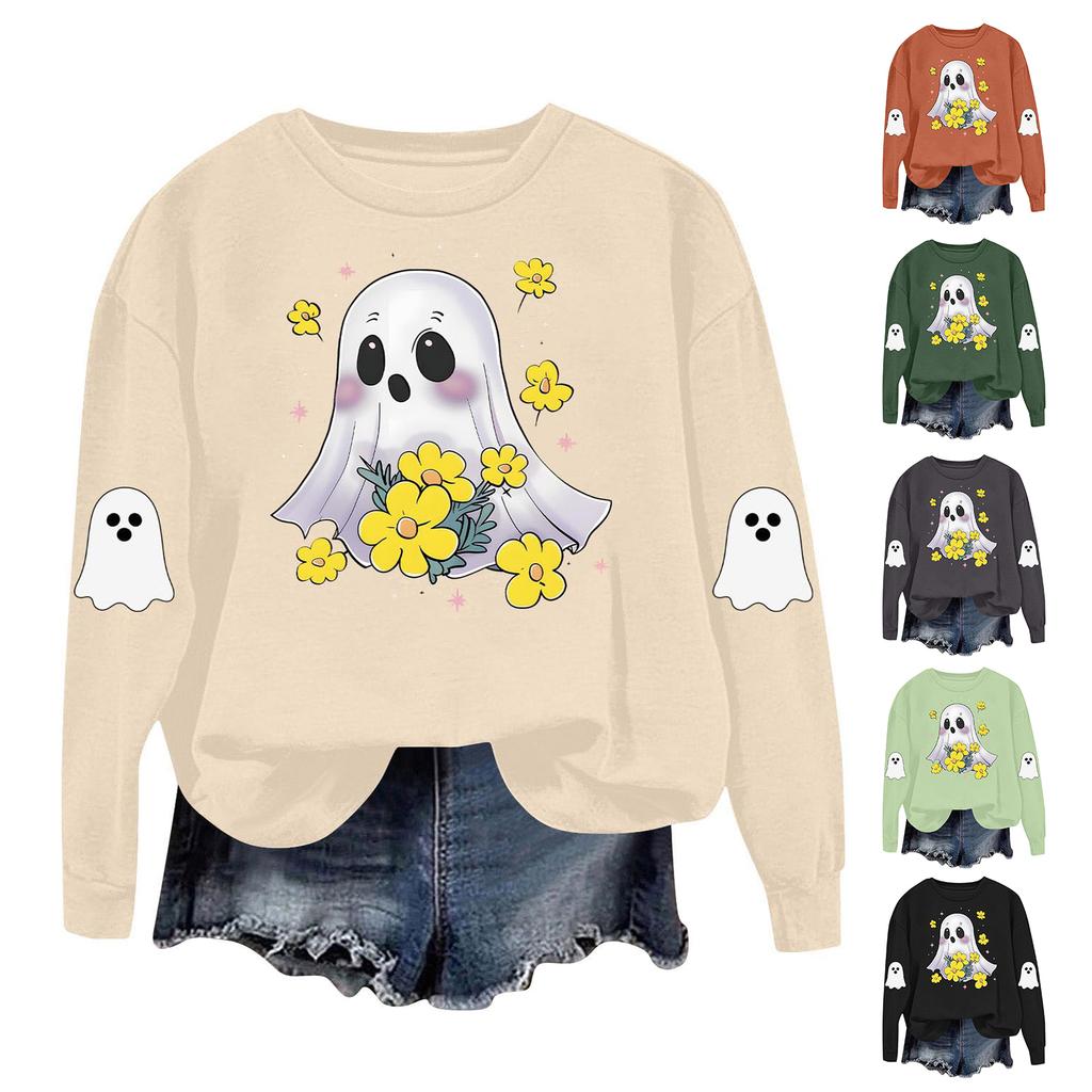 Women's Fashionable Casual Long-sleeved Halloween Printed Round-neck Top