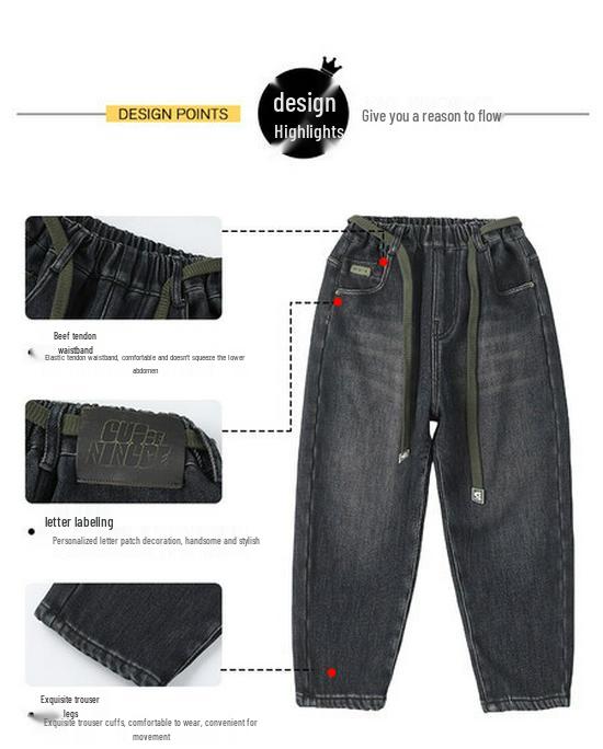 Boys' Plush Lined Jeans - 2025 Autumn/Winter Casual Fashion for Middle and Older Children
