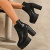 British Style Side Zipper High Heel Boots Street Style Chunky Heeled Ankle Boots for Women Leather Black Thick Bottom Botines