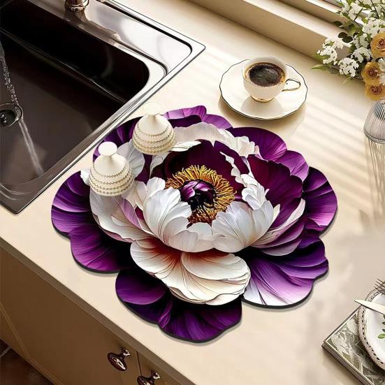 3D Dish Drying Mat Absorbent Kitchen Drying Mat Floral Reusable Washable Dish Drying Pad Non-slip Dish Rack Mats for Kitchen Counter