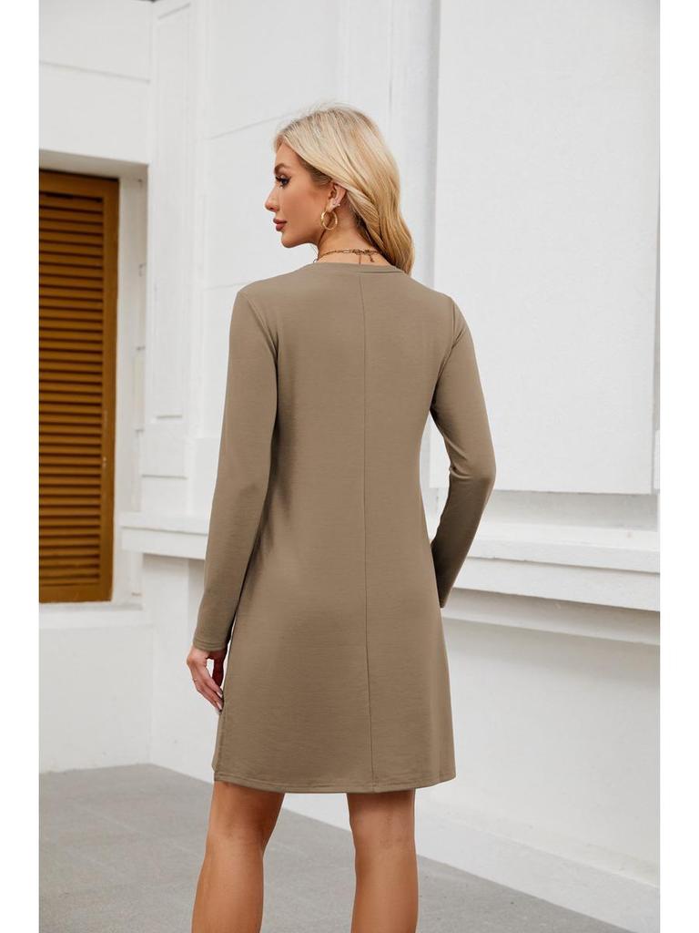 2024 Women's Casual Long Sleeve Slit Hem Dress with Round Neck