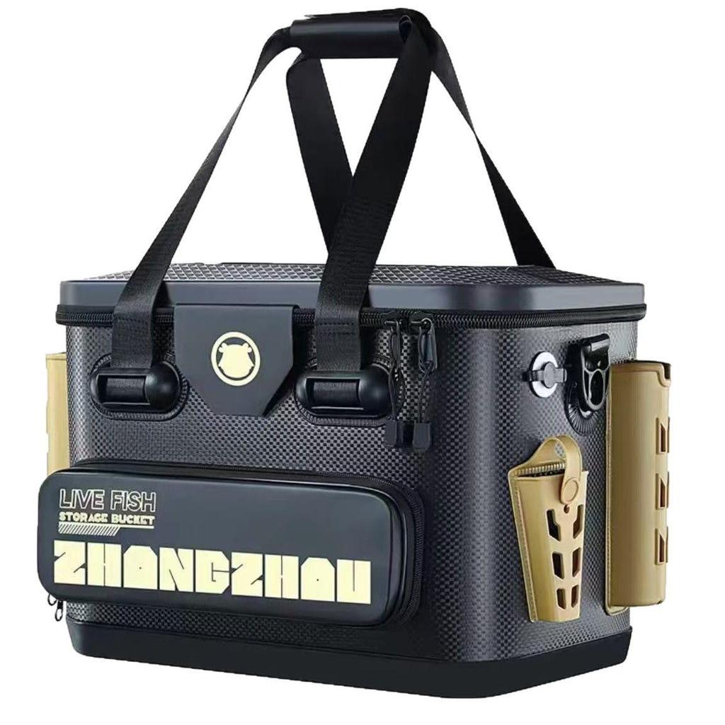 Seatable Multi-Purpose Fishing Bucket with Rod Holder, Lure Box, and Thickened EVA Live Fish Bag