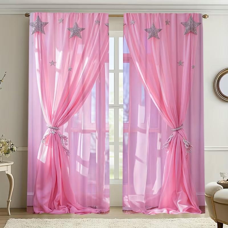 

2 Pcs Pink false curtain print curtains suitable for bedroom living room kitchen decoration home decoration window decoration 100*130 Rod Pocket 1pcs
