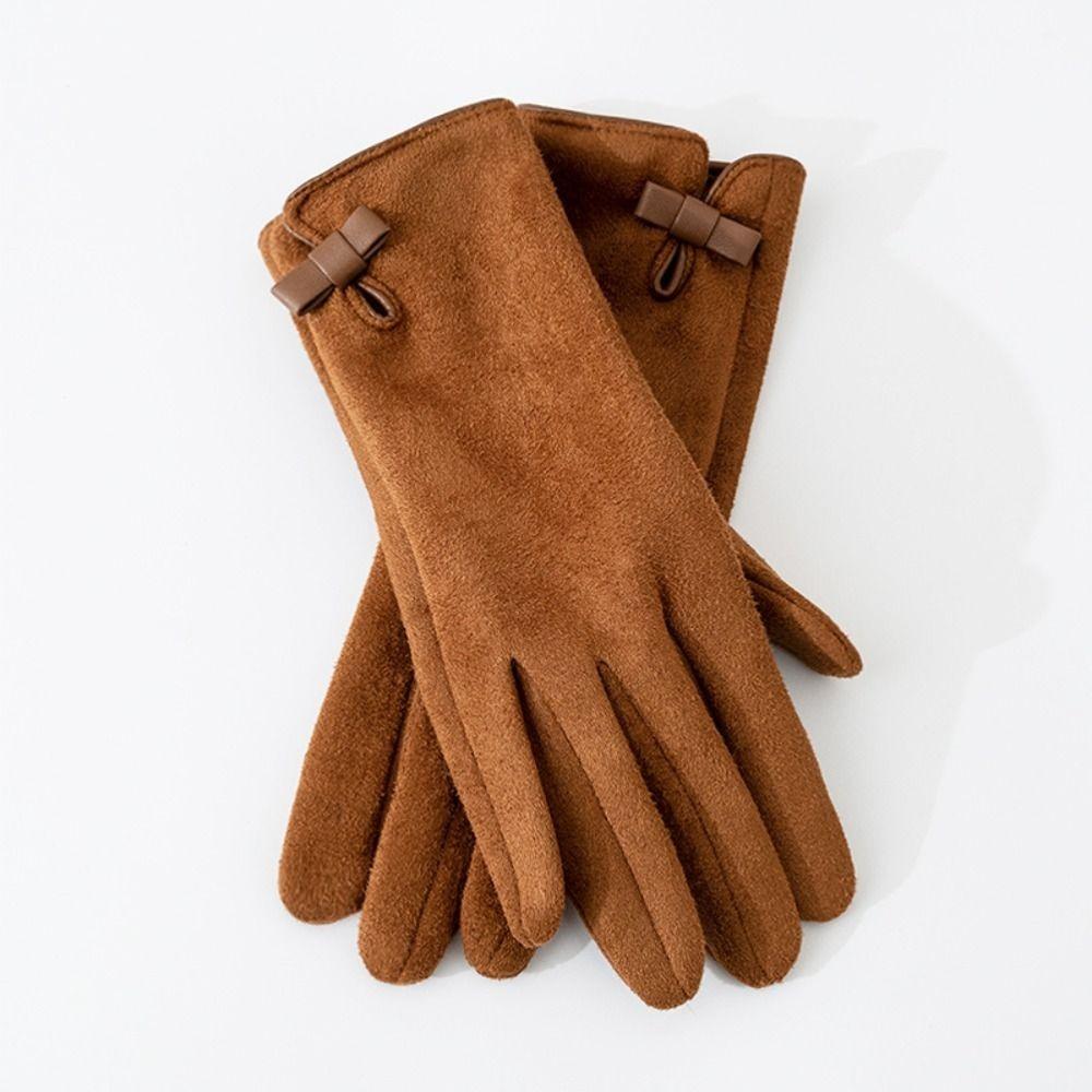 Soft Pu Leather Gloves Bownot Women Cycling Mittens Gift Winter Bow Suede Gloves Winter