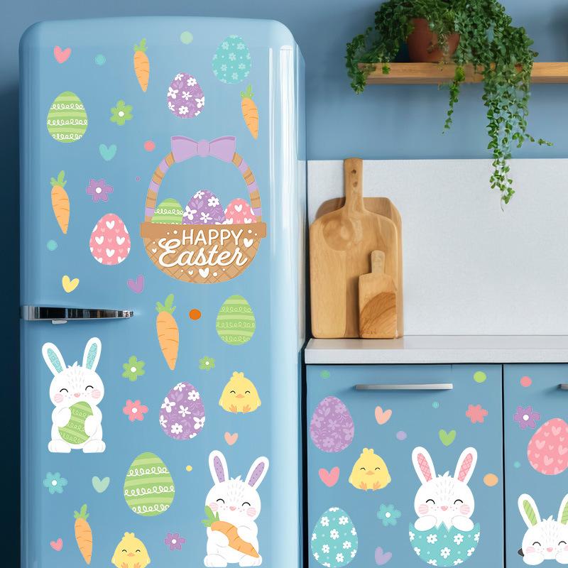 Easter Bunny Egg Flower Window Sticker Static Cling Glass Decal Cute Rabbit Holiday Decor Cartoon Animal Refrigerator Sticker