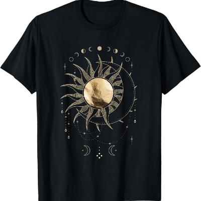 Boho gouden zon & maanfase illustratie T-shirt_1