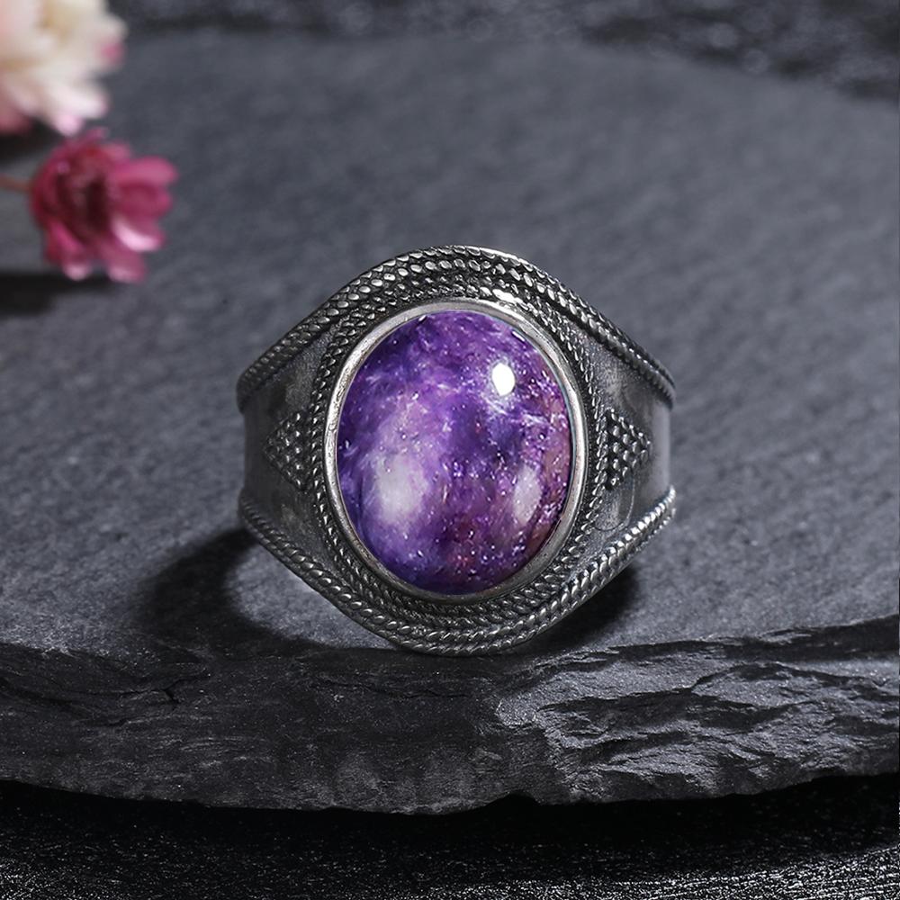 Bague Charoïte Violette Vintage pour Femmes Hommes Cuivre Antique Plaqué Bague Pierre Naturelle Ovale Gravée, Bague Fête Cadeau pour Elle Lui 9 gray