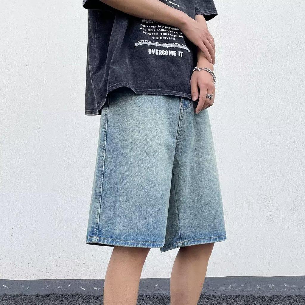 Pantaloncini Estivi da Uomo Dritti Larghi Lavati Casual Gamba Larga Denim Cinque Tasche