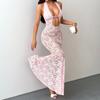 Women's Sexy Solid Color Halter Neck Hollow Out Sheer Lace Slim Fit Mermaid Maxi Evening Party Dress