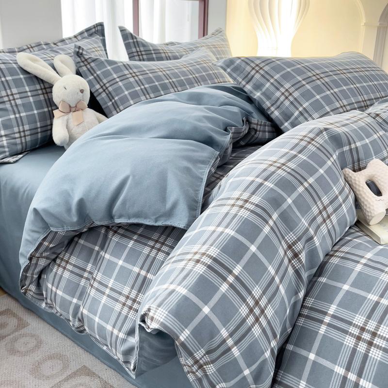Soft Color Block Checkered Bedding Set Comfy 100% Washed Cotton Blue Plaid Duvet Cover Set King Queen Size Comforter Cover Sheet
