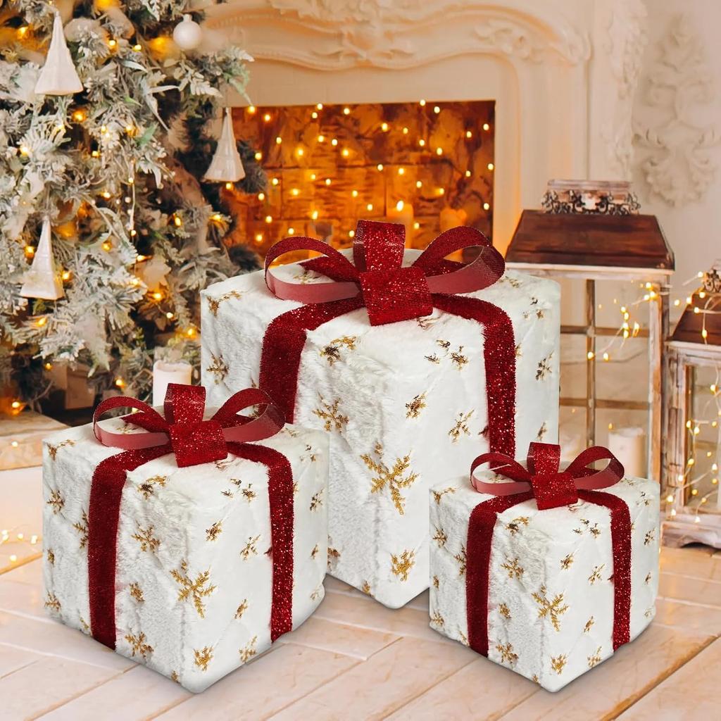 3PCS Christmas Lighted Gift Boxes Outdoor Indoor Christmas Decorations Christmas Tree Snowflake Present with Bows Xmas Decor