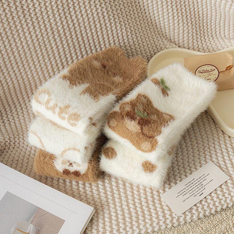 Autumn Winter Coral Velvet Socks Cartoon Bear Socks For Women Children Girls Middle Tube Thickened Sleep Socks Home Floor Socks