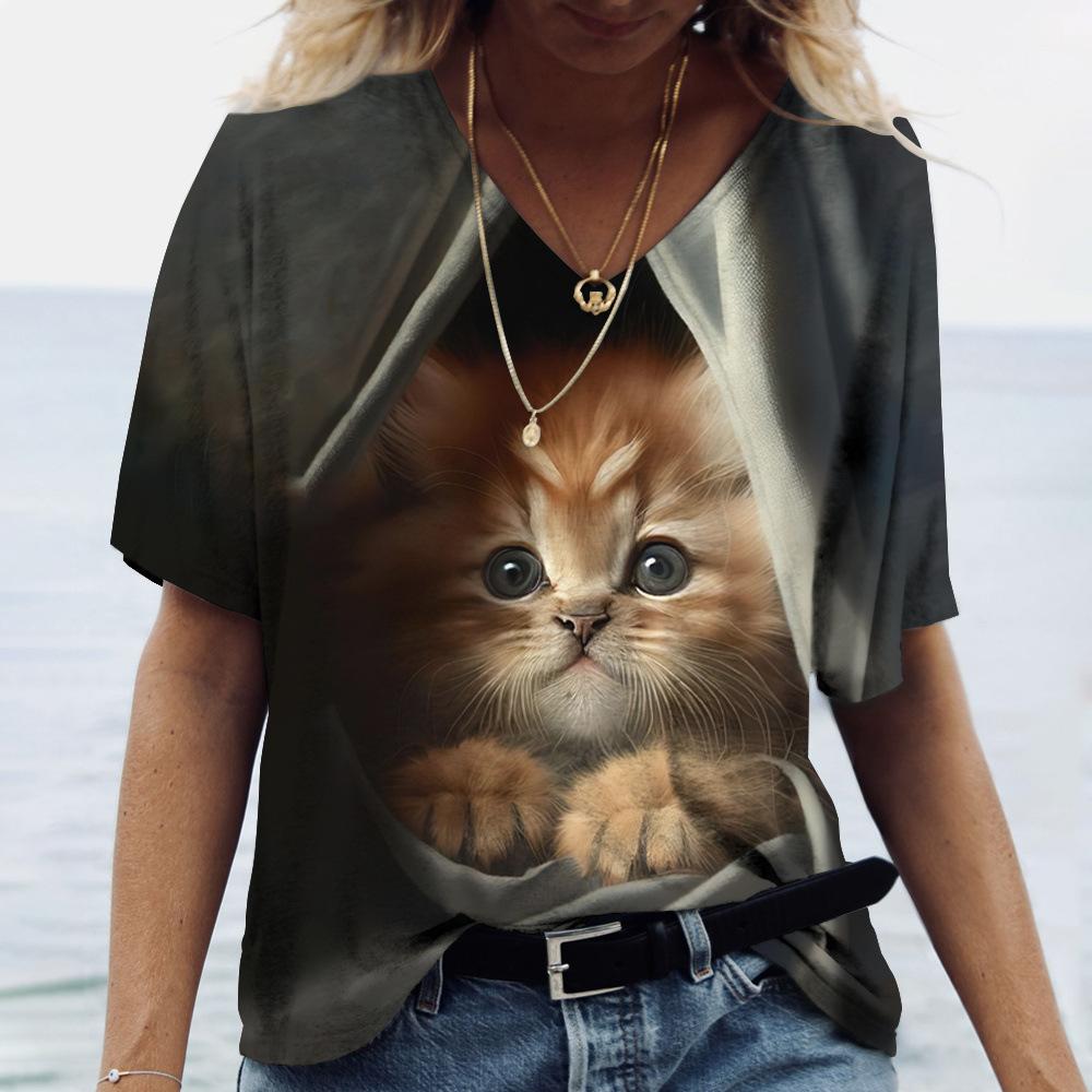 

Trendy Design Sense for Spring and Summer 3D Animal Cat Print Top Comfortable and Loose V-neck Short Sleeved Women s T-shirts S