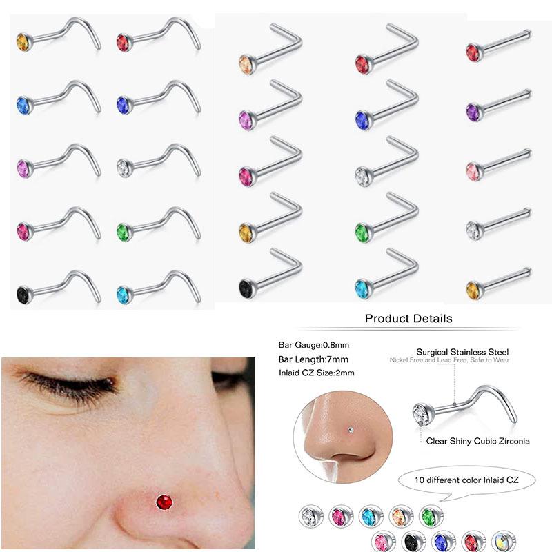 Mixed Color Nose Stud Set: Fish Tail, Inlaid Rhinestone, L-Shaped, & Straight Bar. Hot Selling & In Stock.