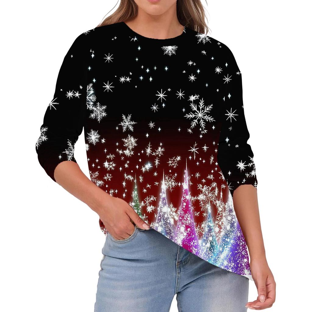 Women's Fashion Casual Christmas Print Round Neck Solid Color Long Sleeve Top