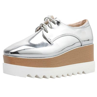 2025 Autumn Patent Leather Platform Muffin Shoes Women's Lace-up Wedge Heel Single Shoes Height-increasing Shoes British HZB