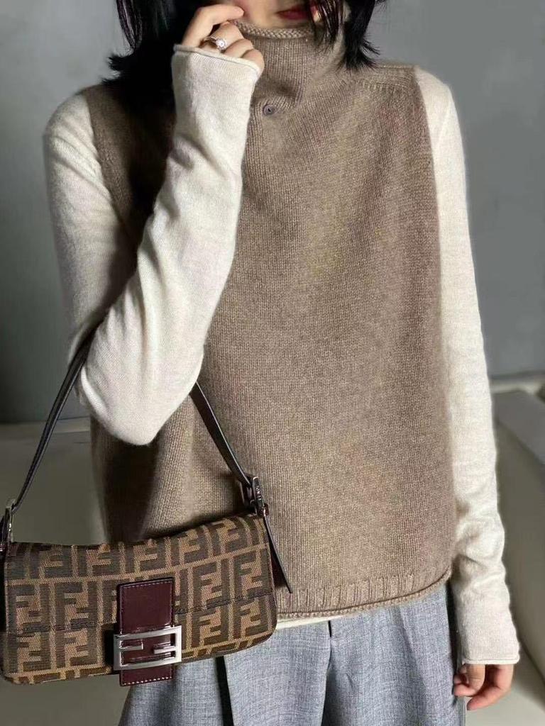 Plus Size Women's Wool Vest - Korean Style High-Neck Knitted Sweater