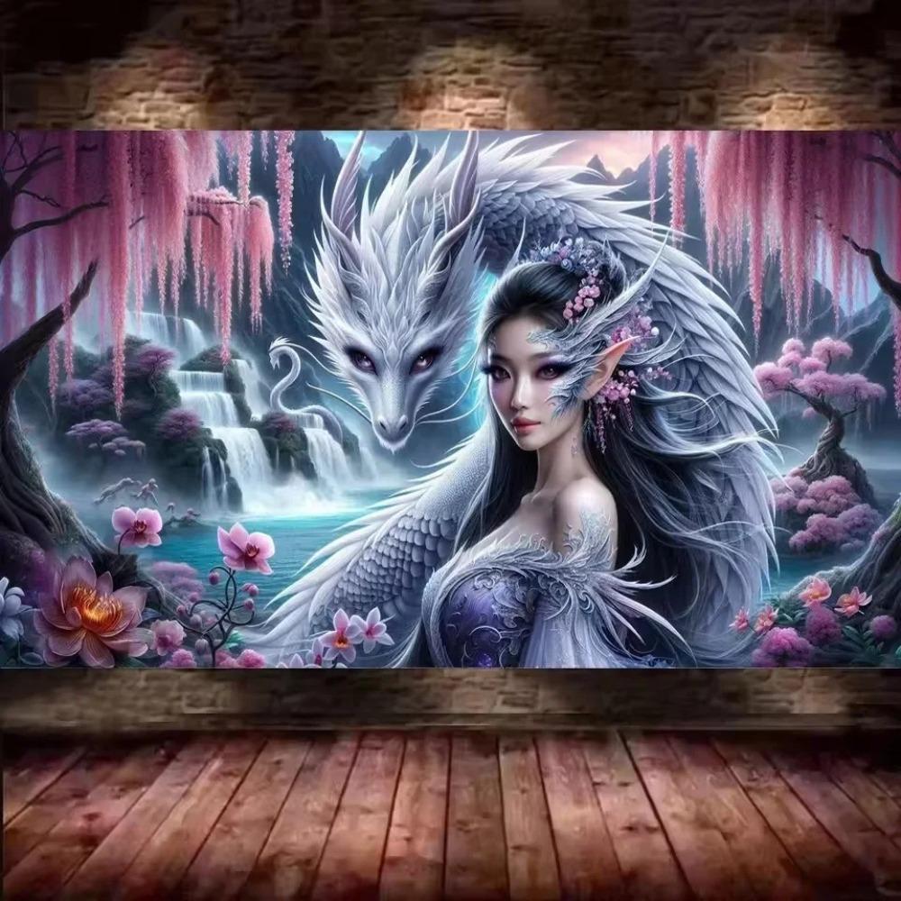 Purple Black Dragon Woman DIY Vibrant Colorful Orchid Flower 5D Full Diamond Painting Cross Stitch Kits Mosaic Embroidery