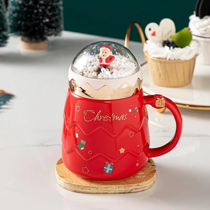 Cute Santa Claus Ceramic Cup Creative Snowball Landscape Cover Cartoon Mug Water Cup