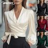 JPNTKY Women's Fashion Casual Solid Color Print Long Sleeve V Neck Blouses & Shirts Unique Design