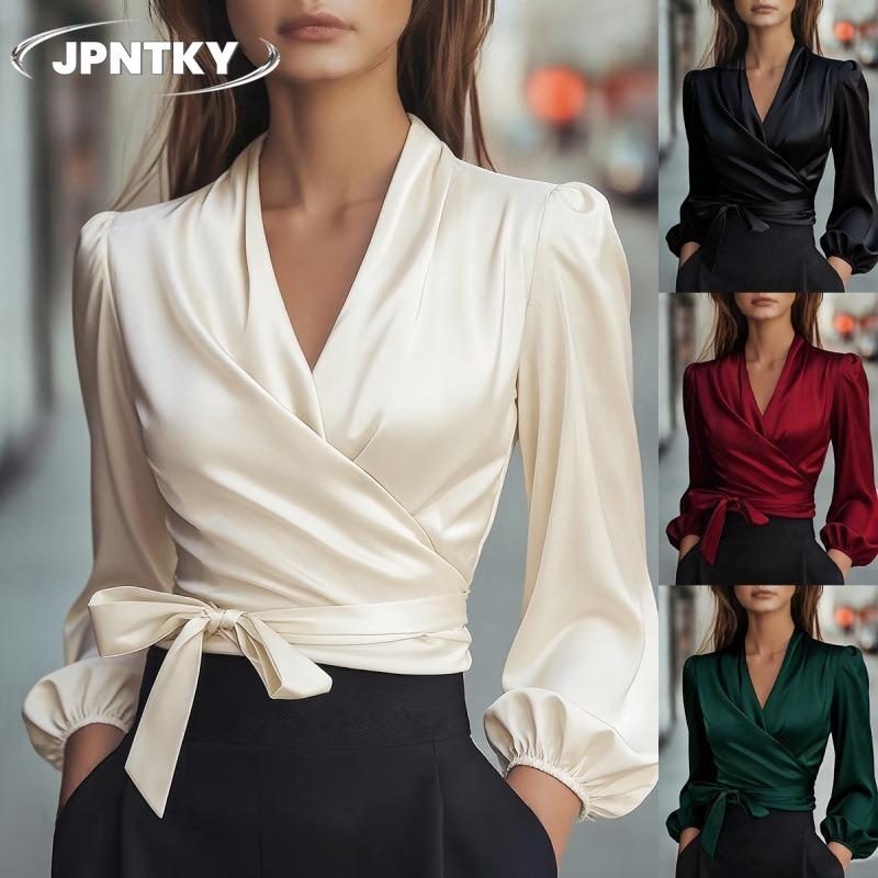 JPNTKY Women's Fashion Casual Solid Color Print Long Sleeve V Neck Blouses & Shirts Unique Design