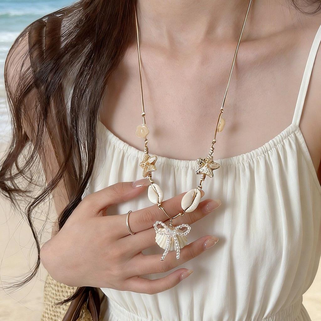 See You by the Sea~ Dopamine Shell Beaded Atmosphere Necklace Female Summer Starfish Vacation Style with Skirt and Accessories