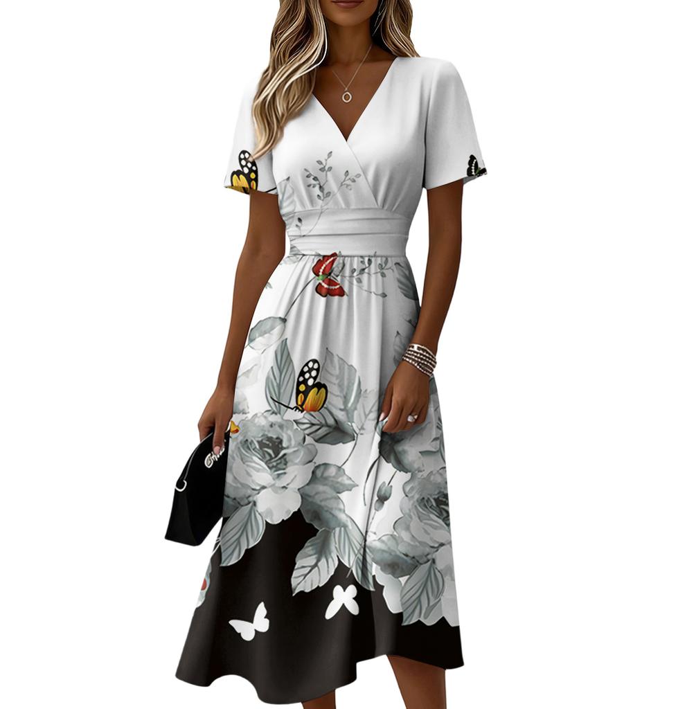 Ladies' Floral Casual Fashionable Short Sleeved V-neck Dress