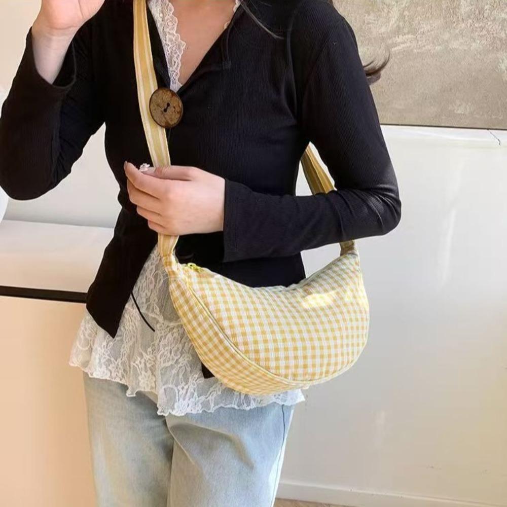 Versatile Nylon Crossbody Bag Adjustable Strap Dumpling Bag Sweet Plaid Shoulder Bag  Outdoor