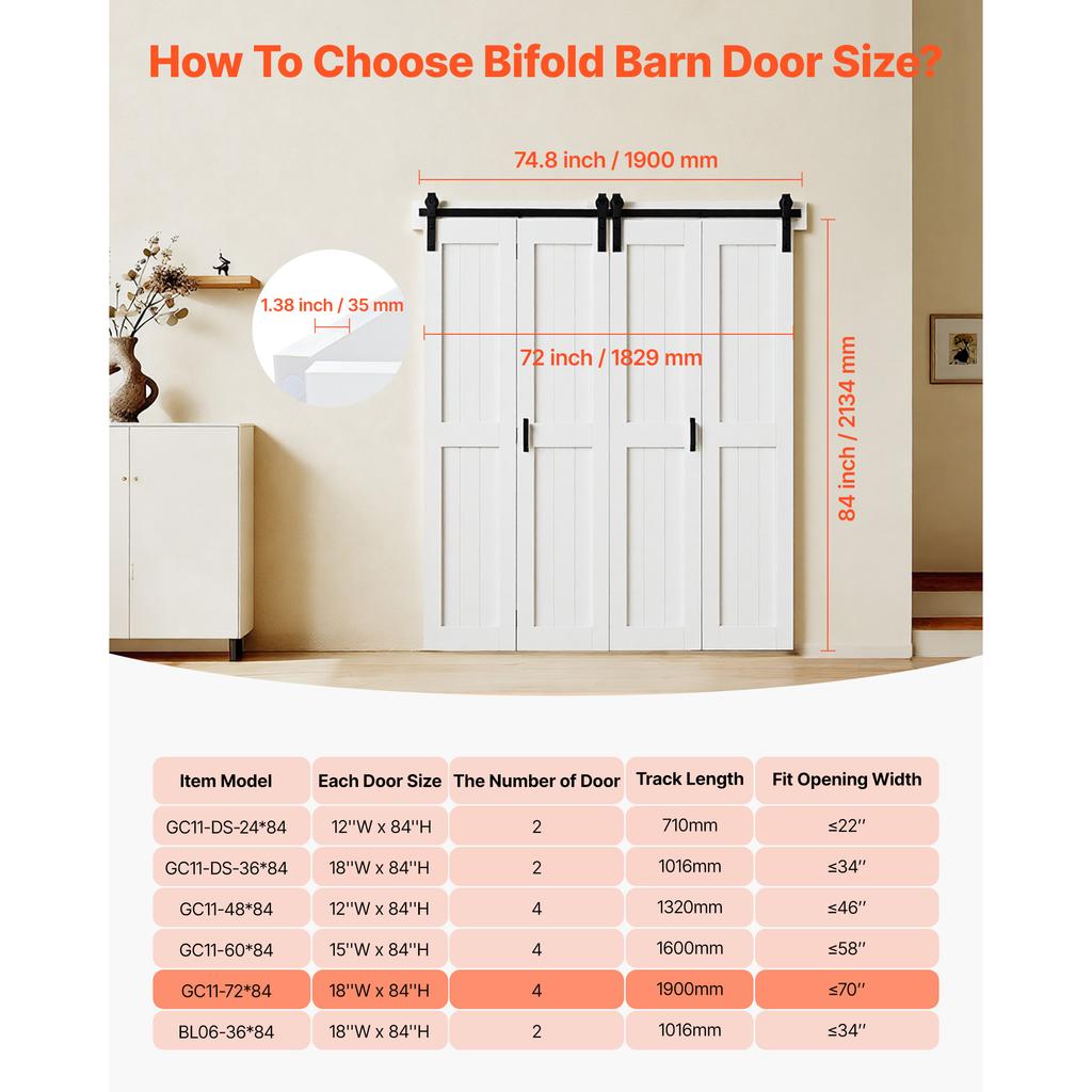 SucceBuy Bifold Barn Door 24/36/46/60/72 in x 84 in Sliding Closet Doors Header Board and Hardware Kit Included Panel Waterproof