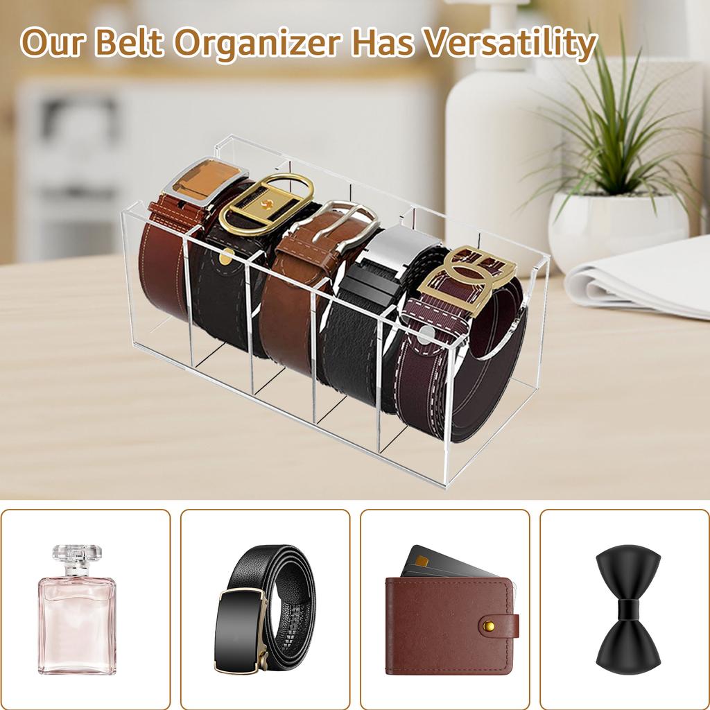 5 Grid Belt Organizer Box Transparent Acrylic Belt Display Case for Tie Bow Tie Women Men Belt Holder