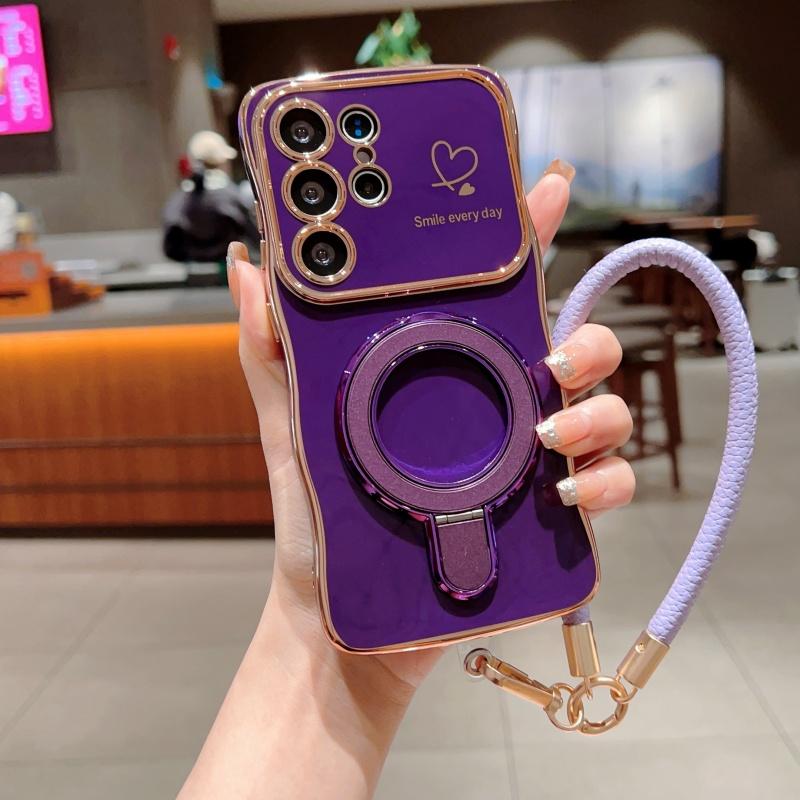 Wavy Frame Wrist Strap Phone Case for Samsung Galaxy S22 S23 S24 S25 Ultra Plus Edge A55 A54 A56 A36 A24 Silicone Soft Protective Cover Magnetic Stand