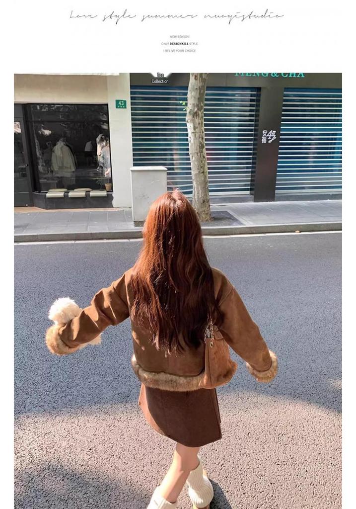 Women's Retro Suede Fur-Trim Horn Buckle Jacket - 2025 Autumn/Winter Collection